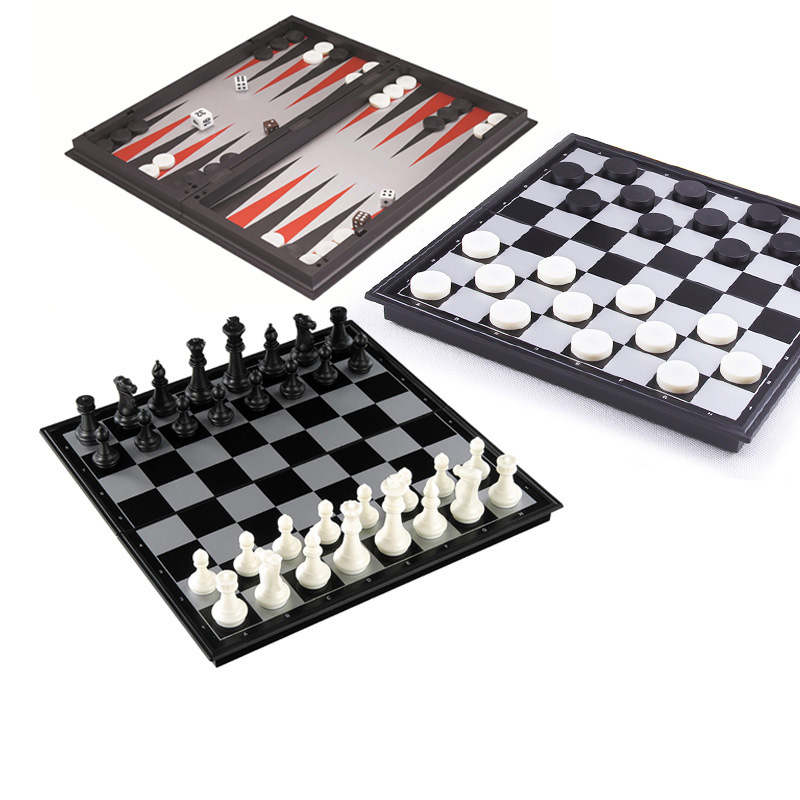 Board Game Yearbook - Faltbares magnetisches Schach-Dame-Backgammon-Spielbrett, 3-in-1, ideale Tischplatte